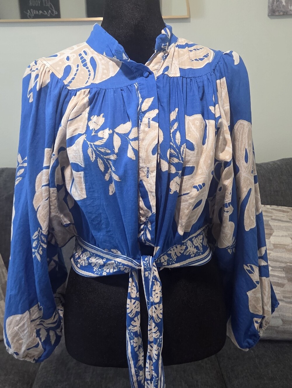 Rachel Zoe Blue and Cream Floral Tie-Waist Blouse